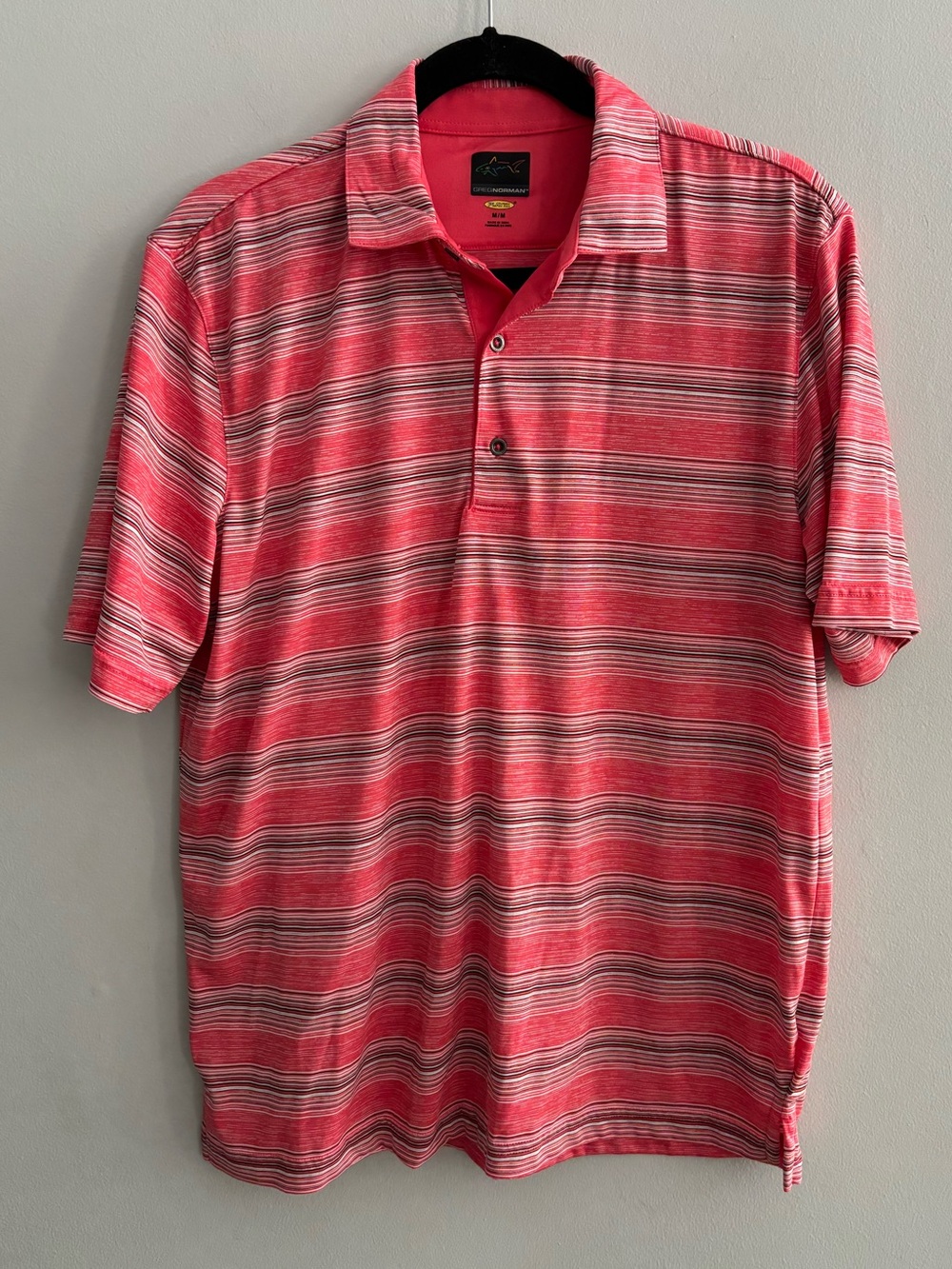 Greg Normal Men's Red Black Striped Polo Golf Short Sleeve Shirt Size Medium